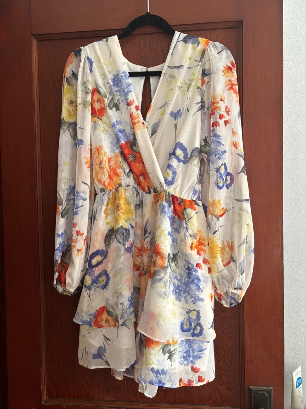 Express White Floral Wrap Romper with Yellow, Blue & Orange Flowers